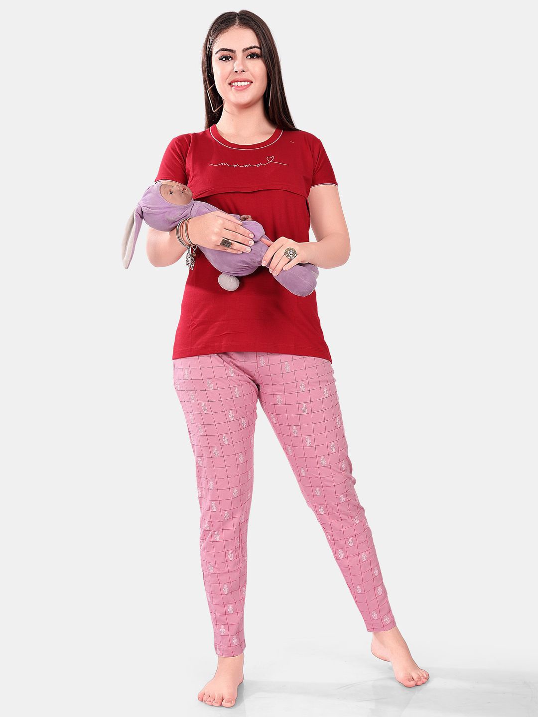 

SWEET MOON Typography Printed Round Neck Maternity T-Shirt With Pyjama, Red