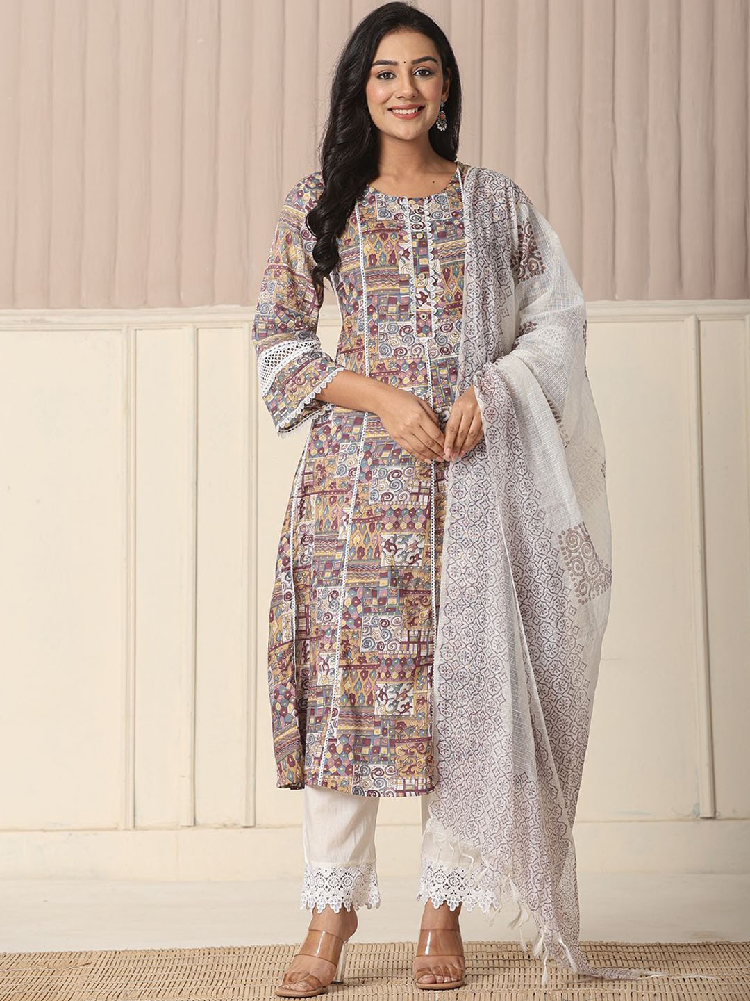 

Yufta Ethnic Motifs Printed Round Neck Pure Cotton Straight Kurta With Trousers & Dupatta, Beige