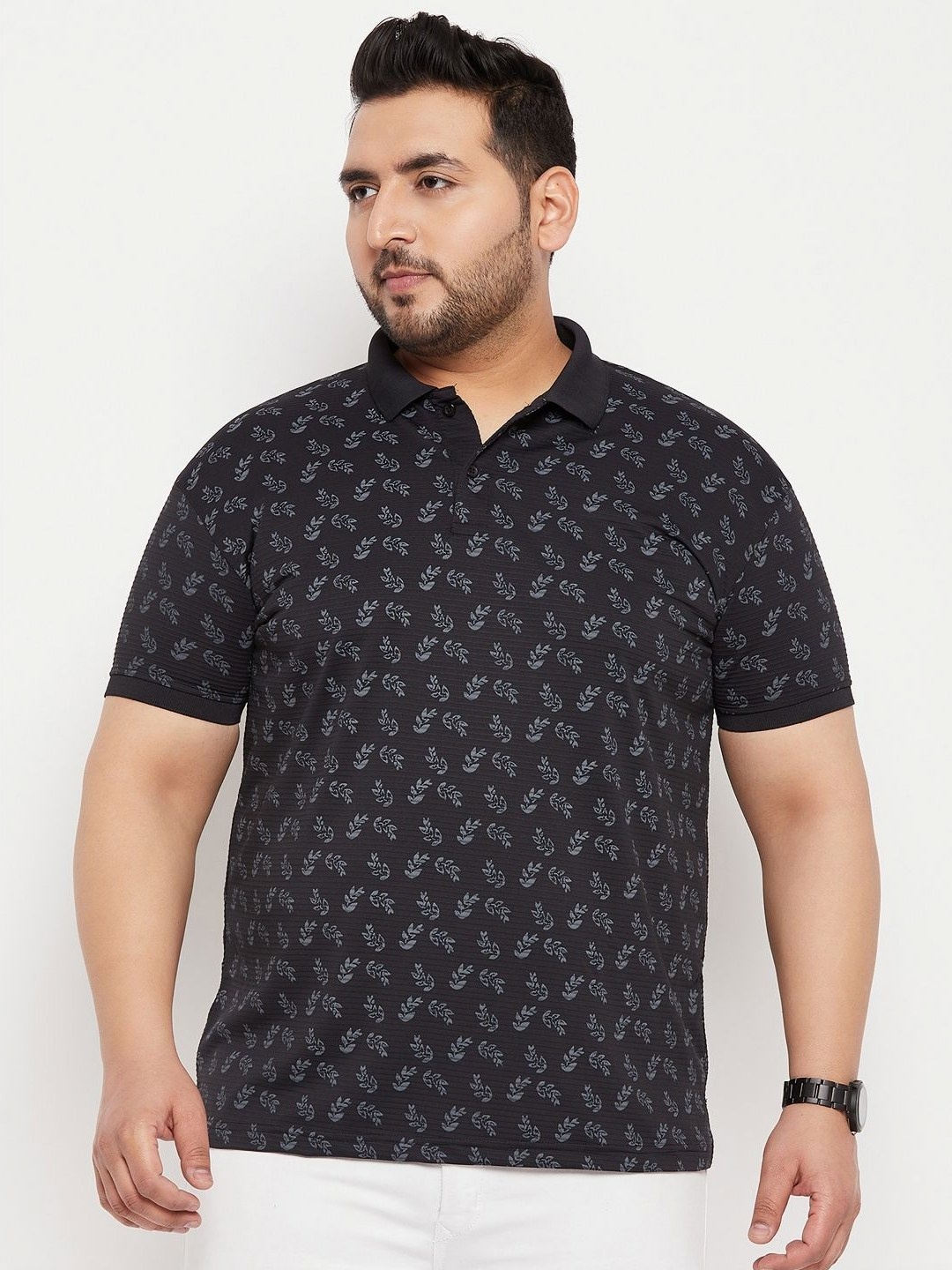 

NYKER Men Plus Size Floral Printed Polo Collar Cotton T-shirt, Black