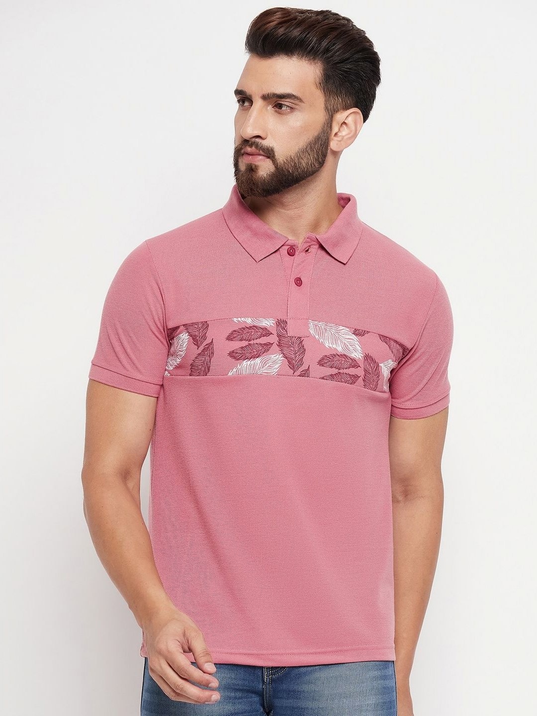 

NYKER Men Floral Printed Polo Collar Cotton T-shirt, Pink