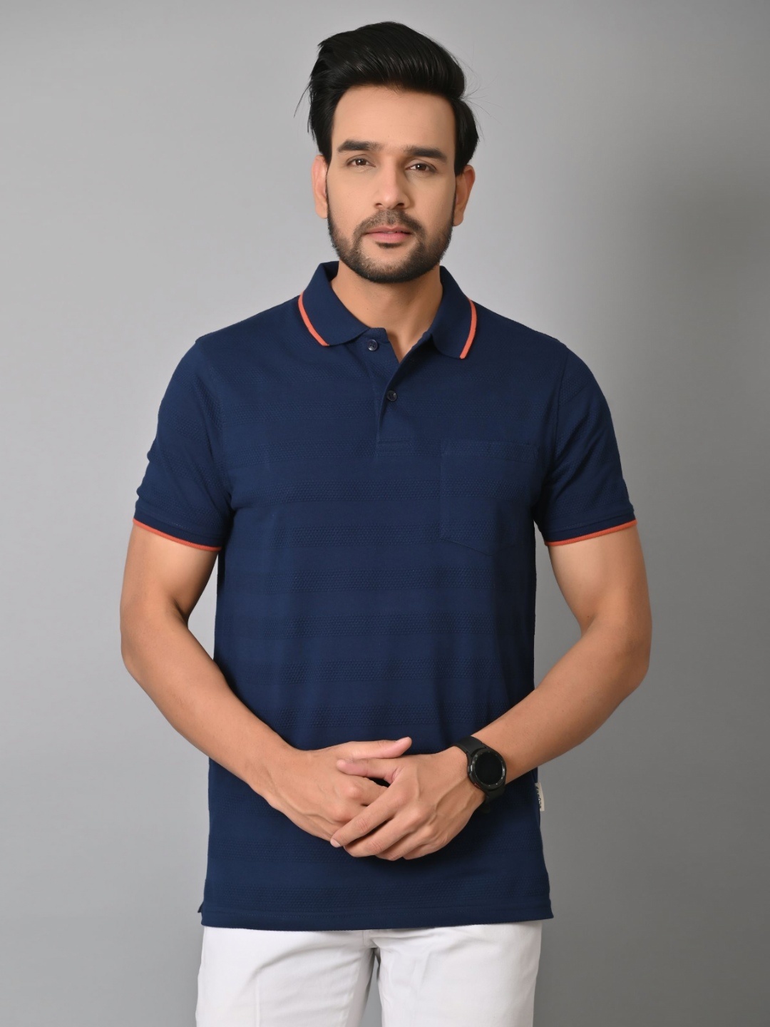 

ARBOUR Men Self Design Polo Collar Cotton Slim Fit T-shirt, Navy blue