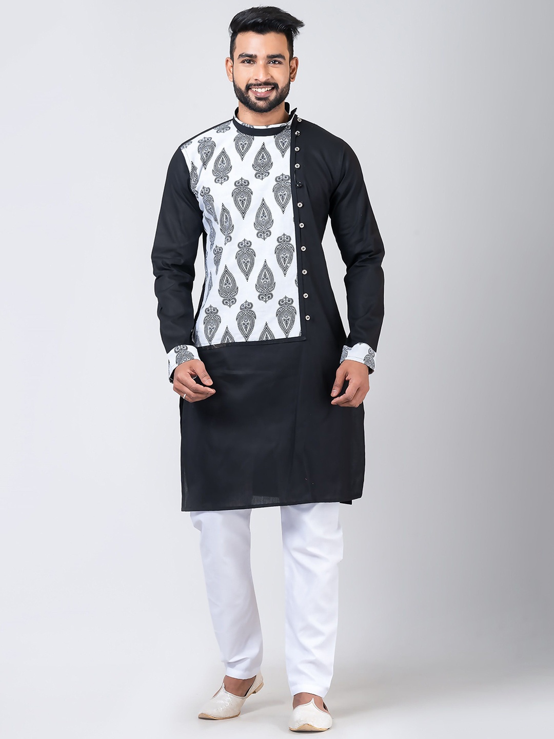 

Rainbow Cloths Ethnic Motifs Printed Mandarin Collar Straight Kurta, Black