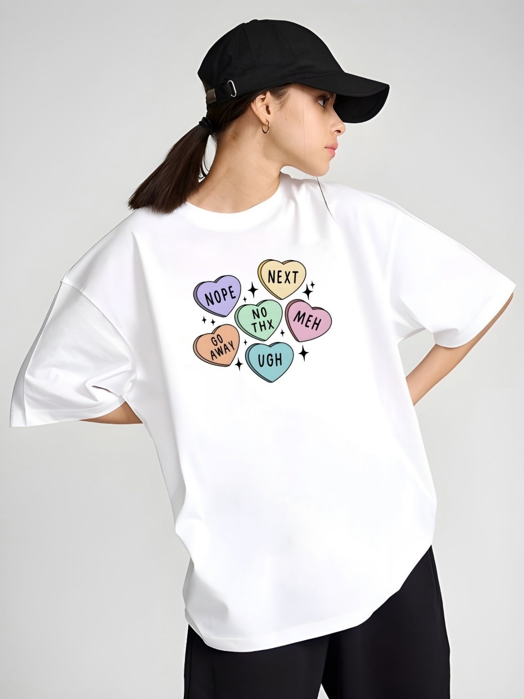 

DressBerry Women Graphic Printed Round Neck Cotton Oversized T-shirt, White