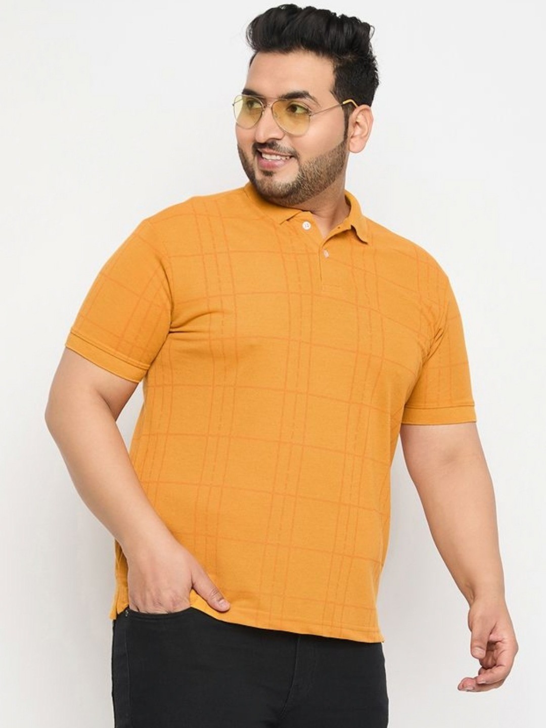 

RELANE Men Checked Polo Collar T-shirt, Mustard