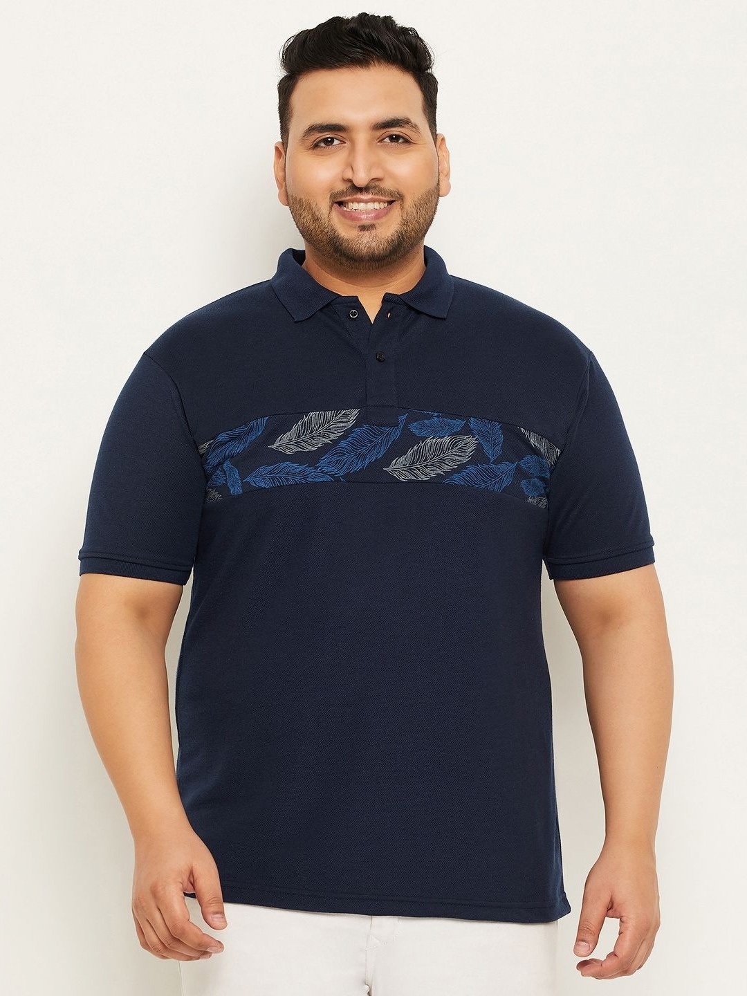

NYKER Men Plus Size Floral Printed Polo Collar Cotton T-shirt, Navy blue