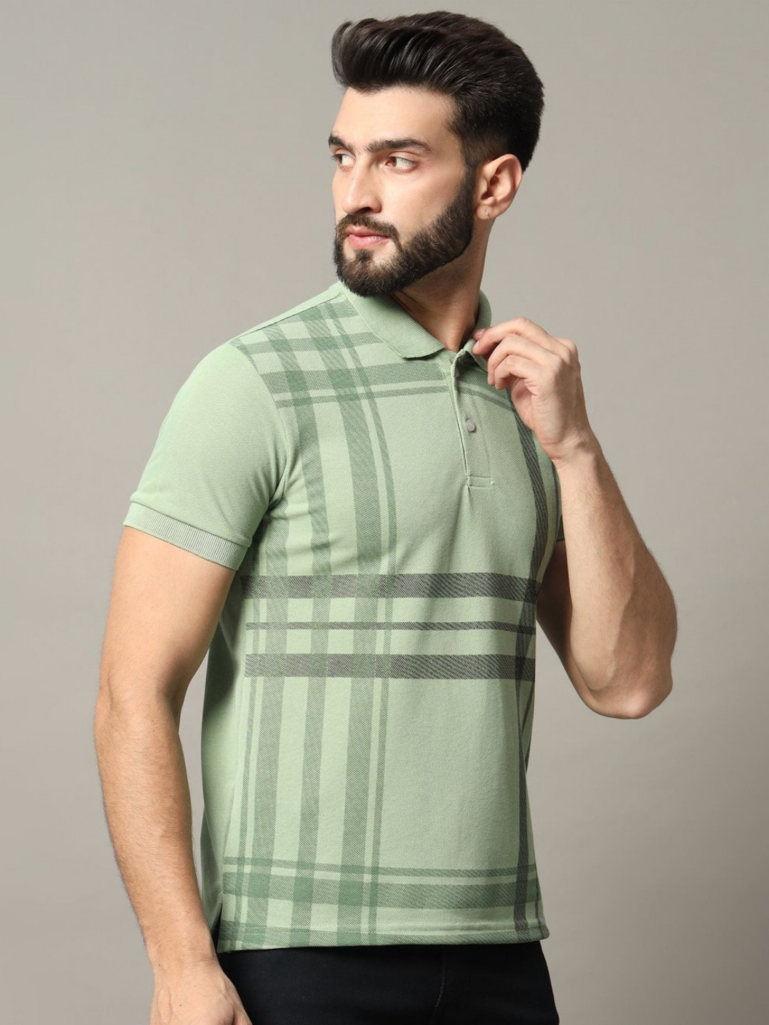 

RELANE Men Checked Polo Collar Cotton T-shirt, Sea green