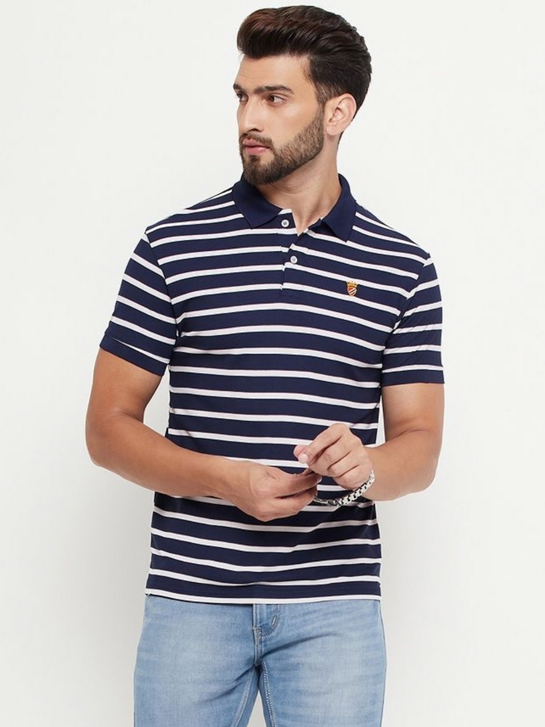 

RELANE Men Striped Polo Collar Cotton T-shirt, Navy blue