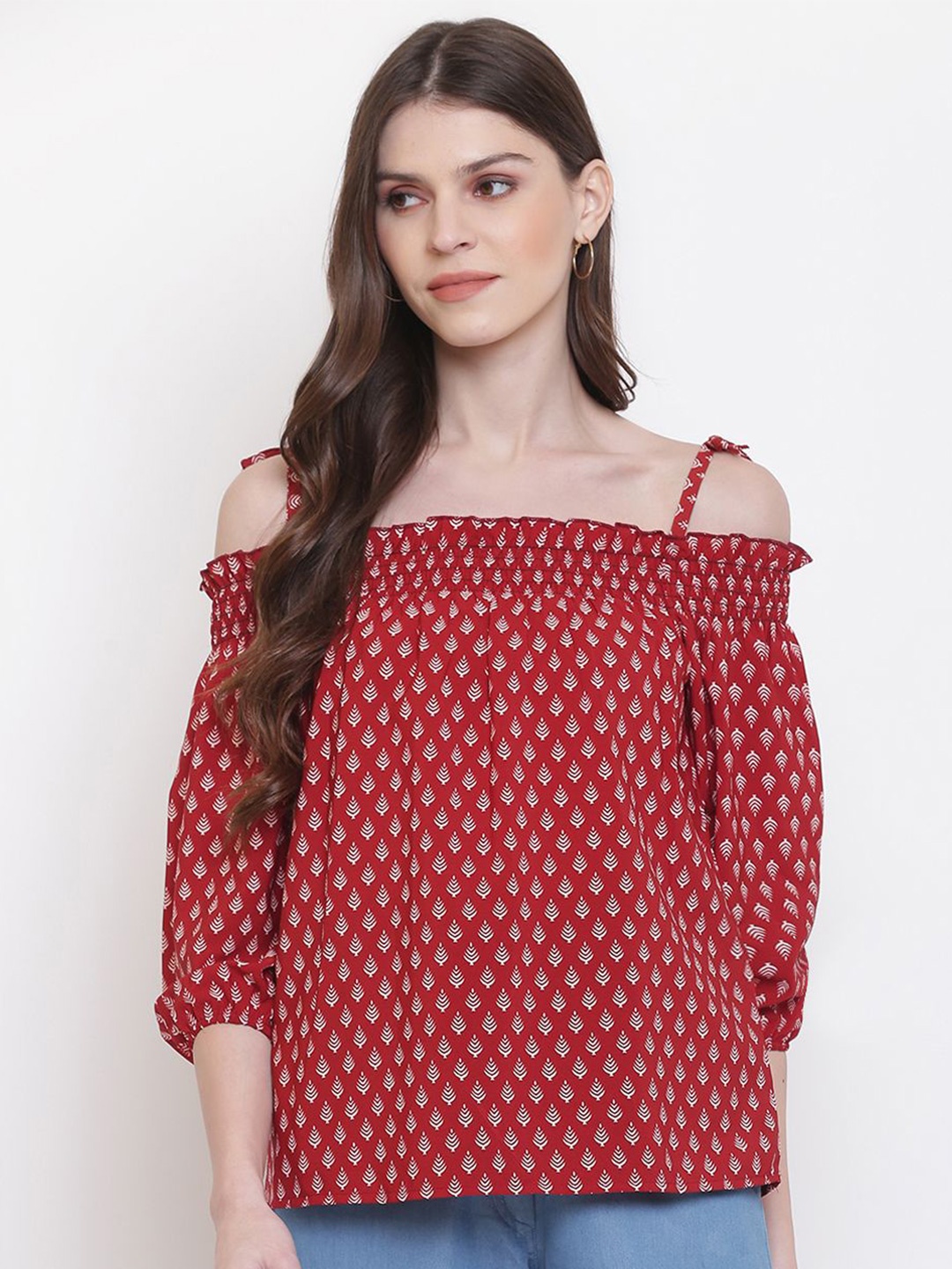 

DressBerry Floral Print Crepe Bardot Top, Red