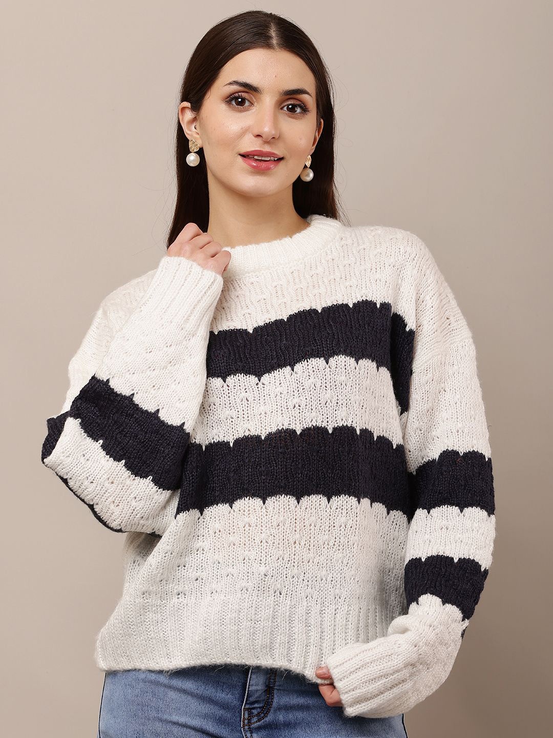 

NoBarr Women Striped Pullover Sweater, White