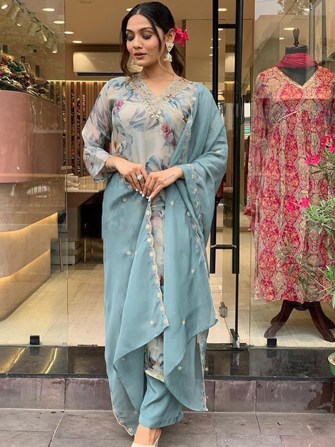 

KALINI Floral Printed Zari Embellished V-Neck Straight Kurta With Trousers & Dupatta, Grey