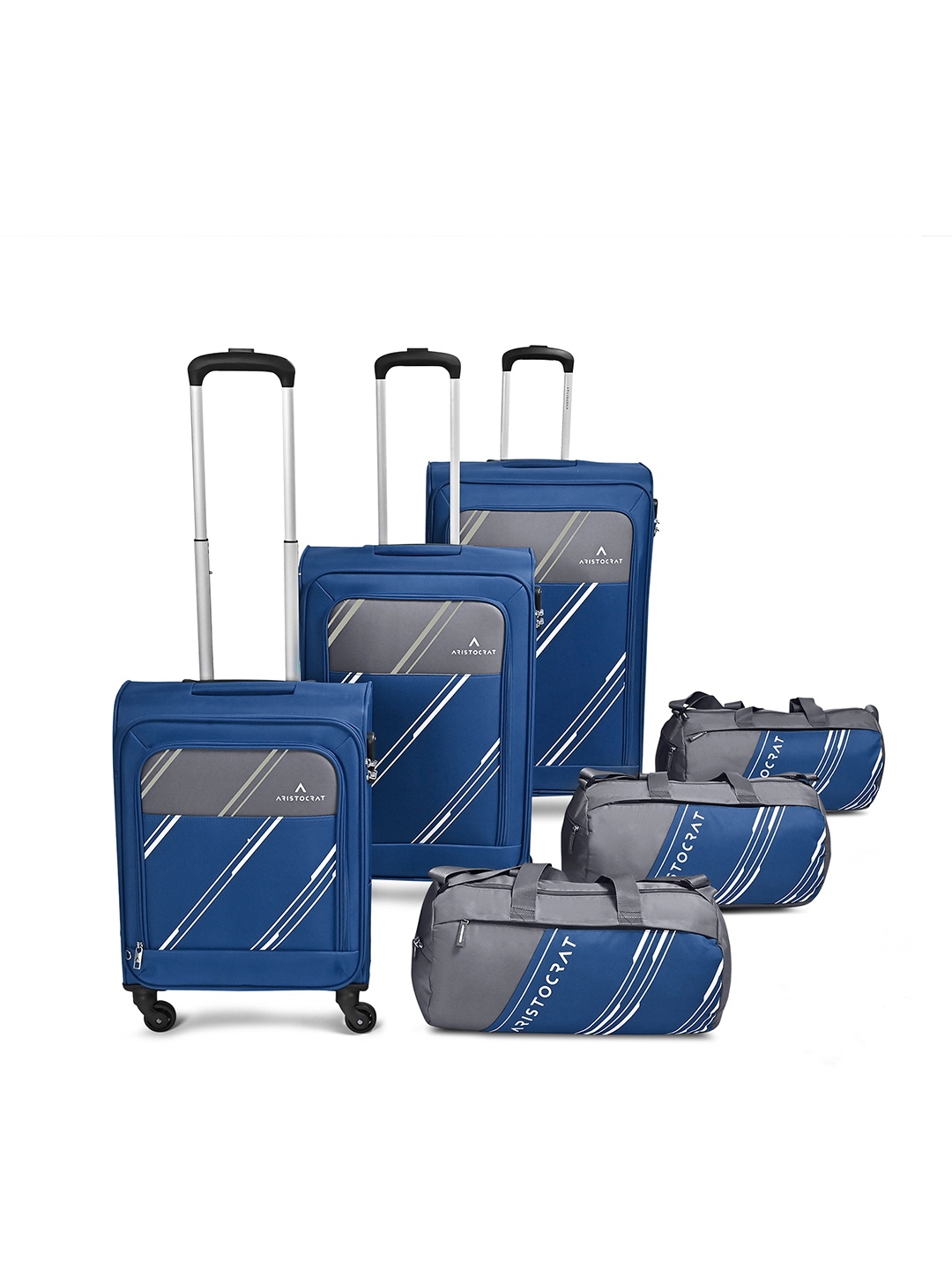 

Aristocrat HEXA ACTIVE Set Of 6 Soft Luggage Large Medium Cabin Trolley and Duffels Bags, Navy blue