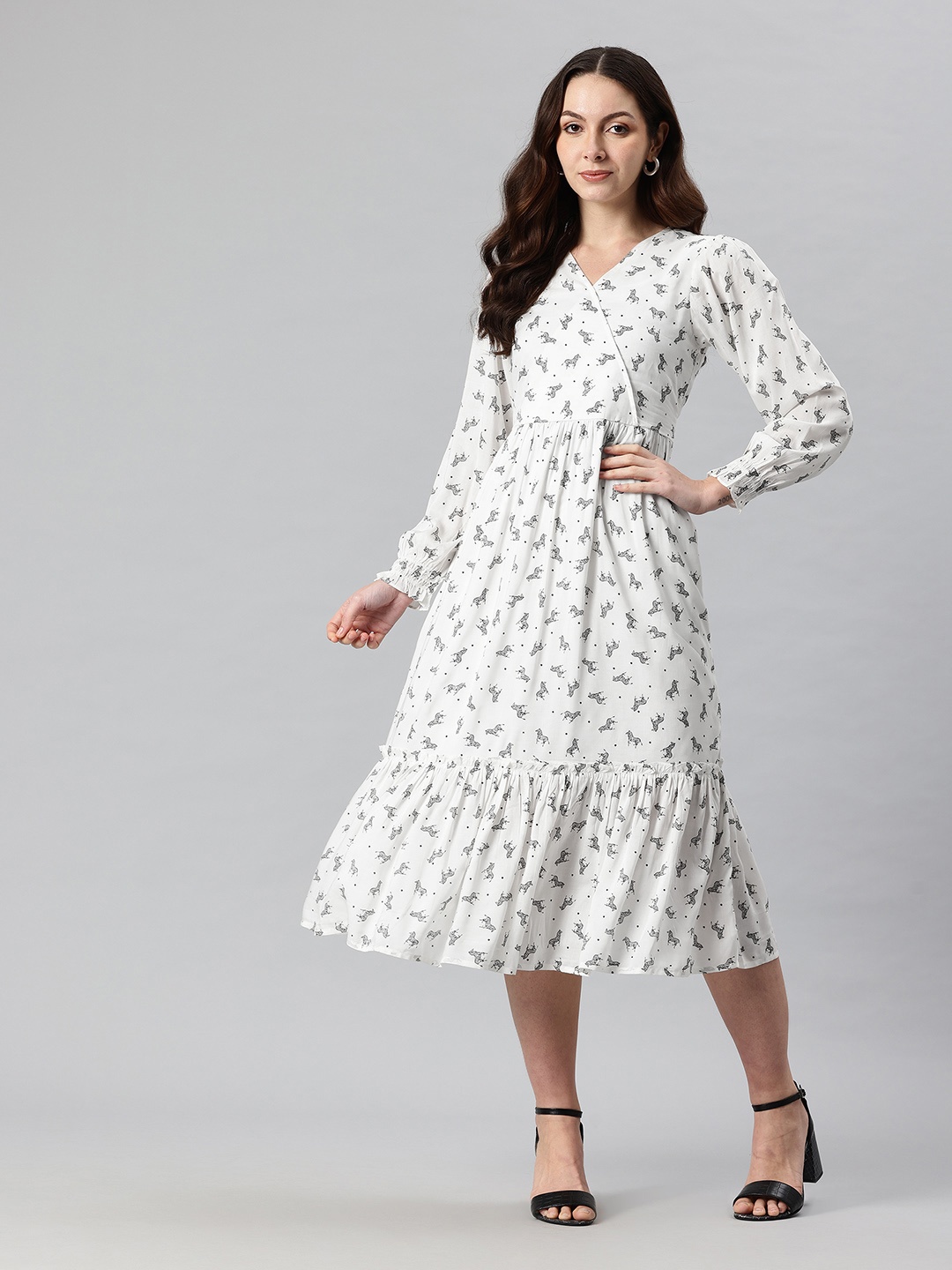 

Cottinfab Animal Printed Puff Sleeve Midi Dress, White