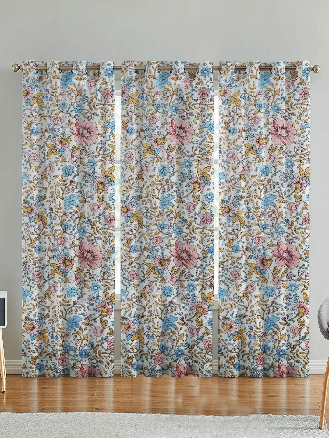 

ANA Blue & Pink Set of 3 Floral Room Darkening Long Door Curtain