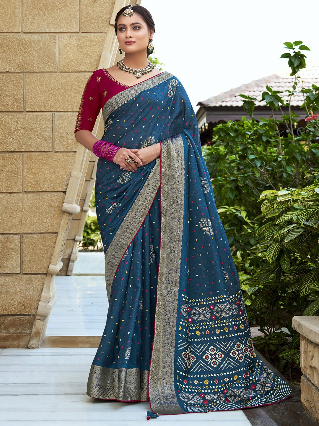 

NIRMAL CREATION Bandhani Printed Zari Pure Georgette Saree, Teal