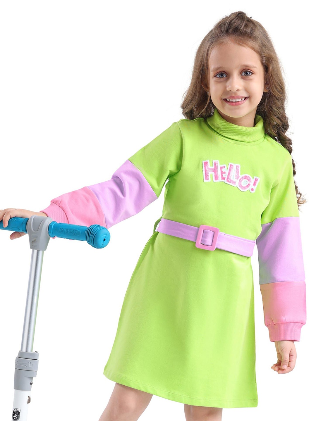 

Hola Bonita Girls Colourblocked Cotton Sweatshirt Dress with Text Patch, Green