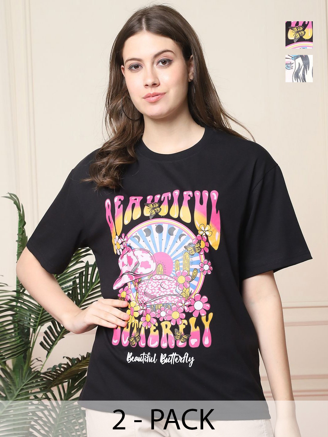 

Dreambe Women Pack Of 2 Graphic Printed Round Neck Cotton Oversized T-shirts, Black