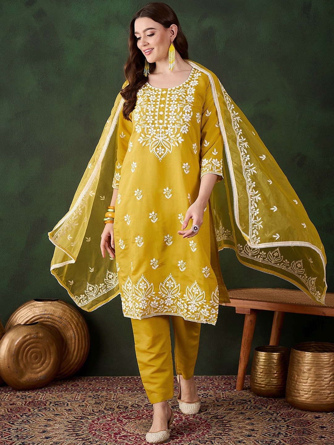 

HERE&NOW Floral Embroidered Straight Thread Work Kurta With Salwar And Dupatta, Mustard