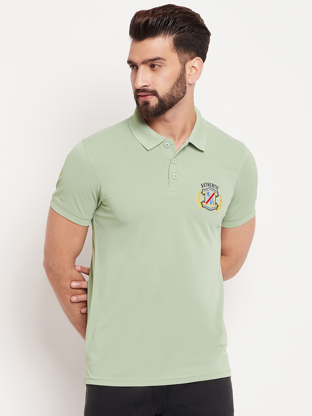 

AUXAMIS Men Polo Collar Applique T-shirt, Sea green