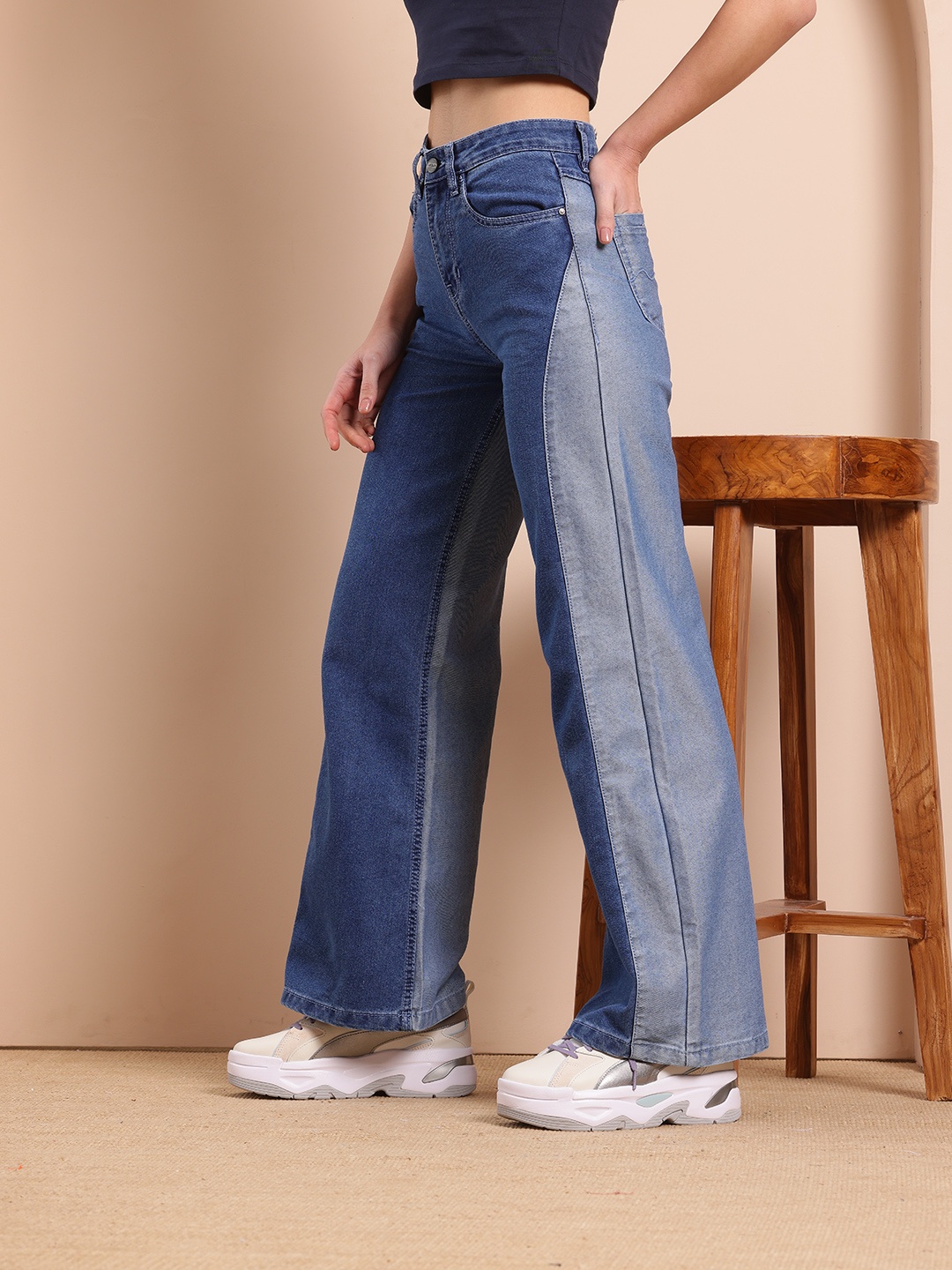 

Mast & Harbour Women Wide Leg Pure Cotton Colourblocked Jeans, Blue