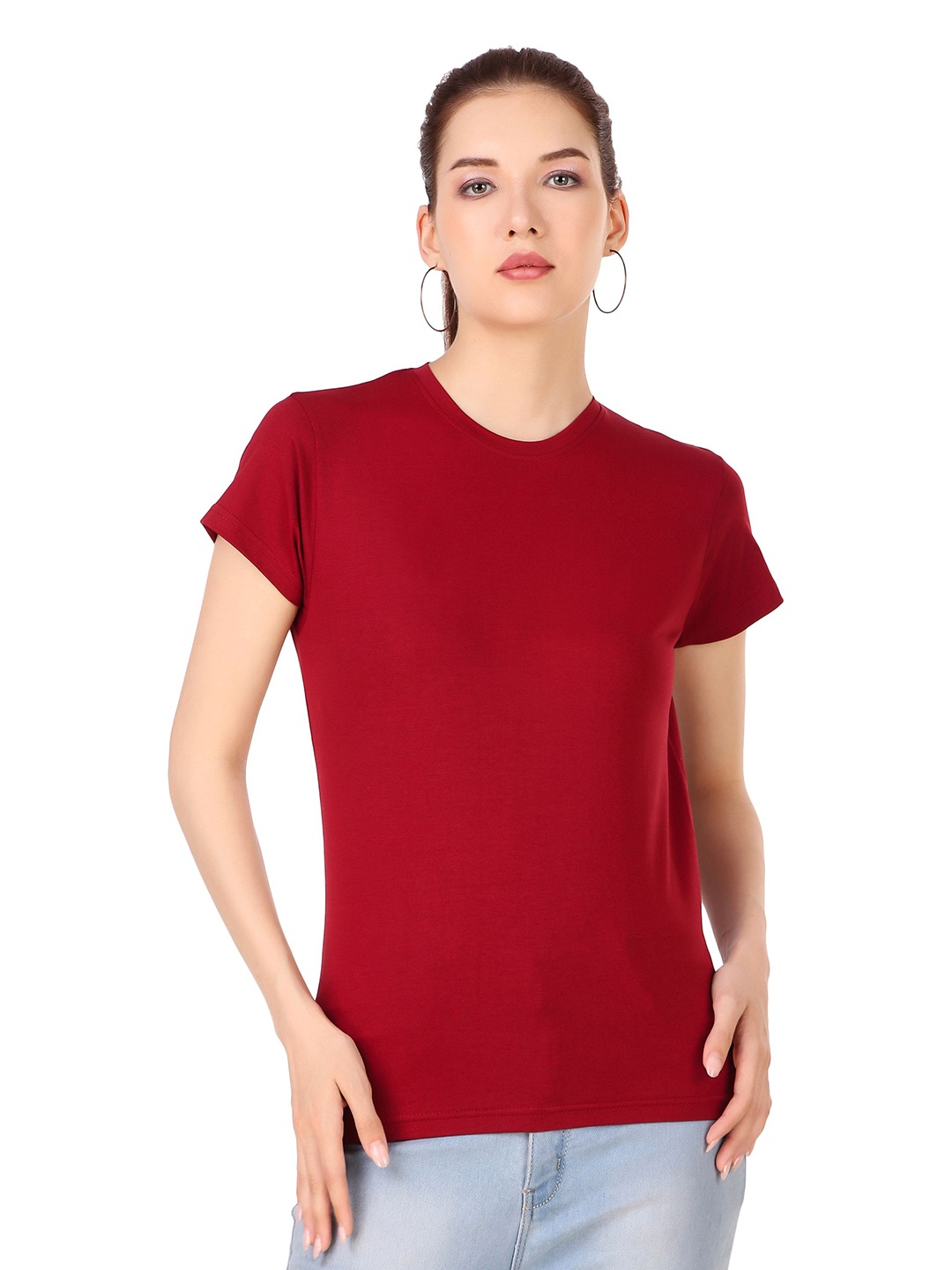 

STYLESO Women Solid Round Neck Cotton Slim Fit T-shirt, Red