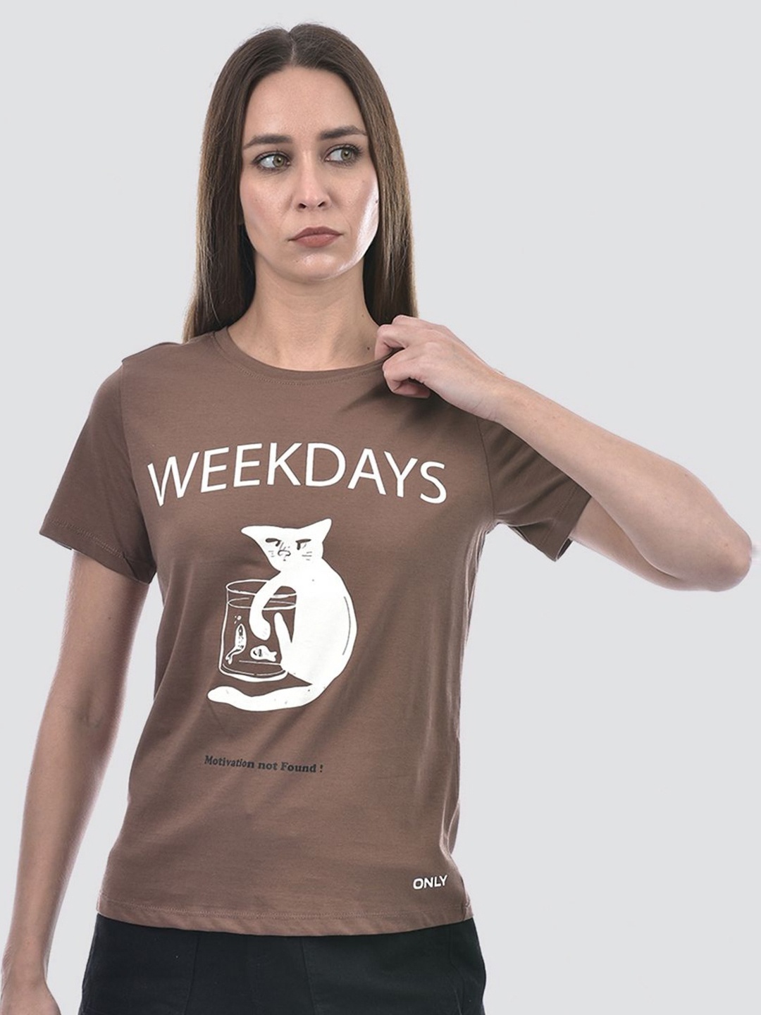

ONLY Women Graphic Printed Round Neck Cotton T-shirt, Brown