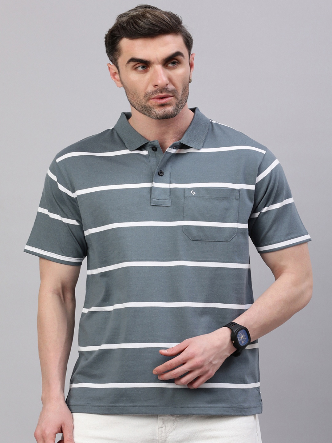 

Classic Polo Men Striped Polo Collar Cotton T-shirt, Grey