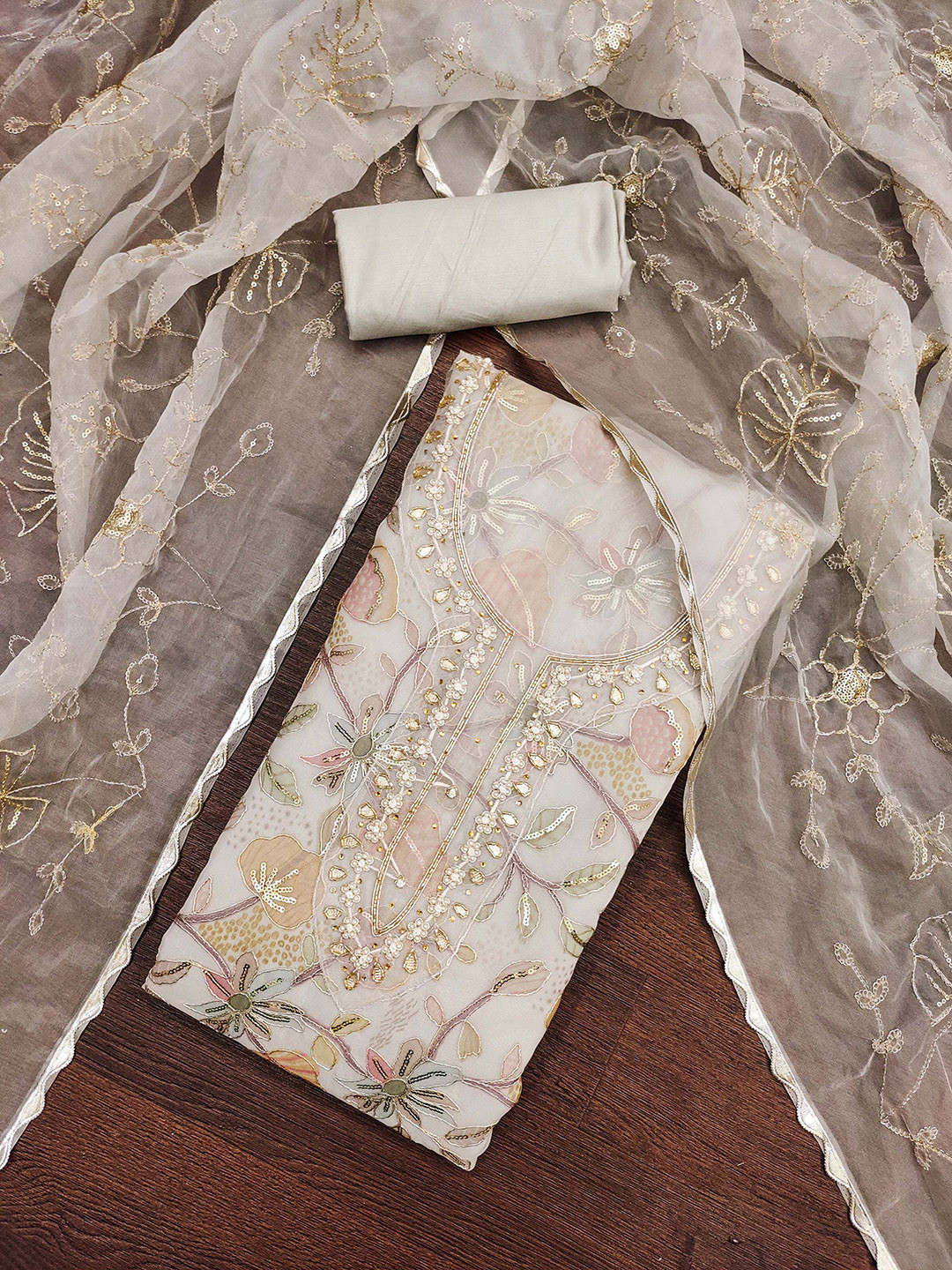 

HERE&NOW Floral Printed Beads And Stones Unstitched Dress Material, Grey