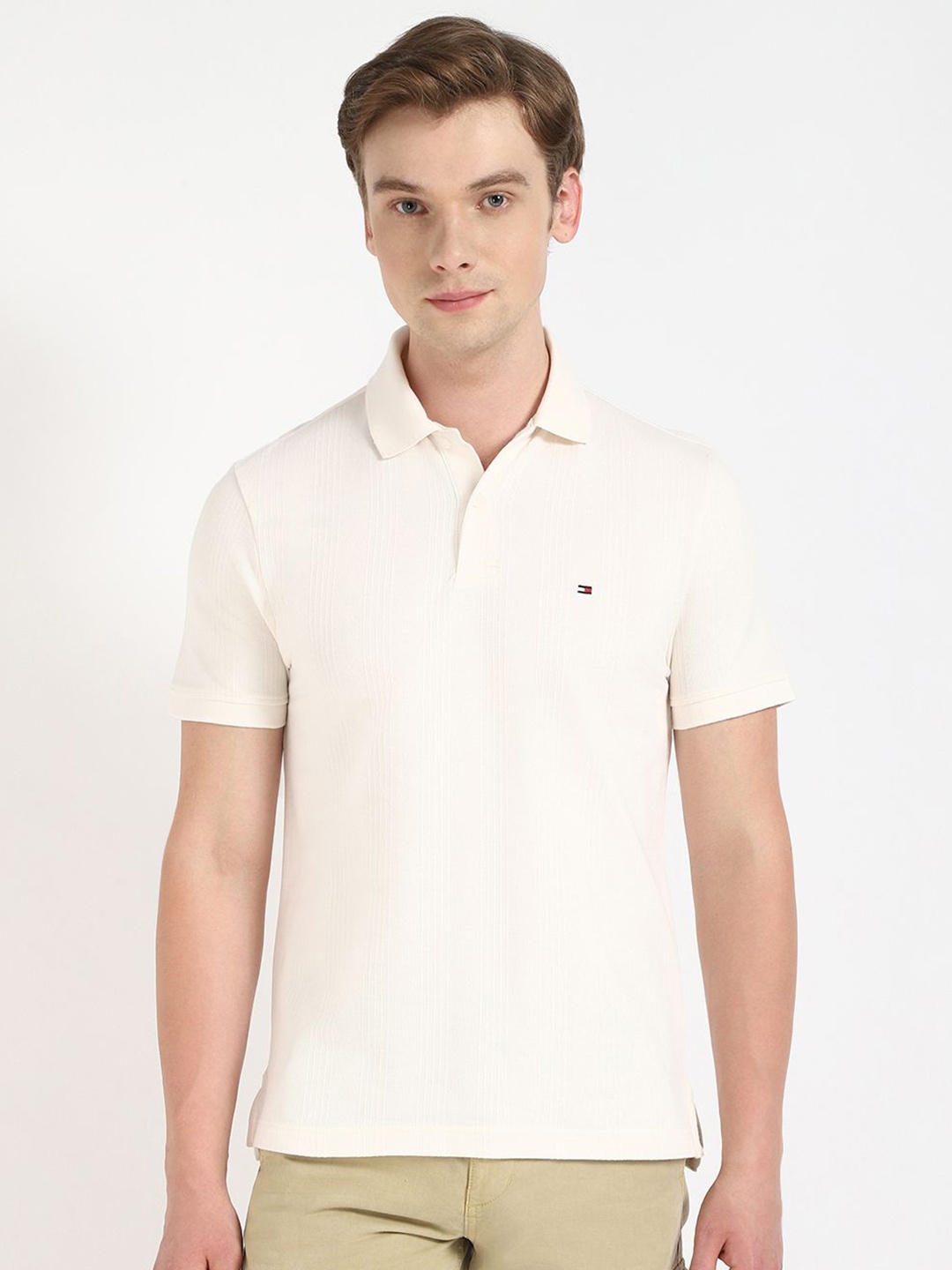 

Tommy Hilfiger Men Self Design Polo Collar Cotton T-shirt, Yellow
