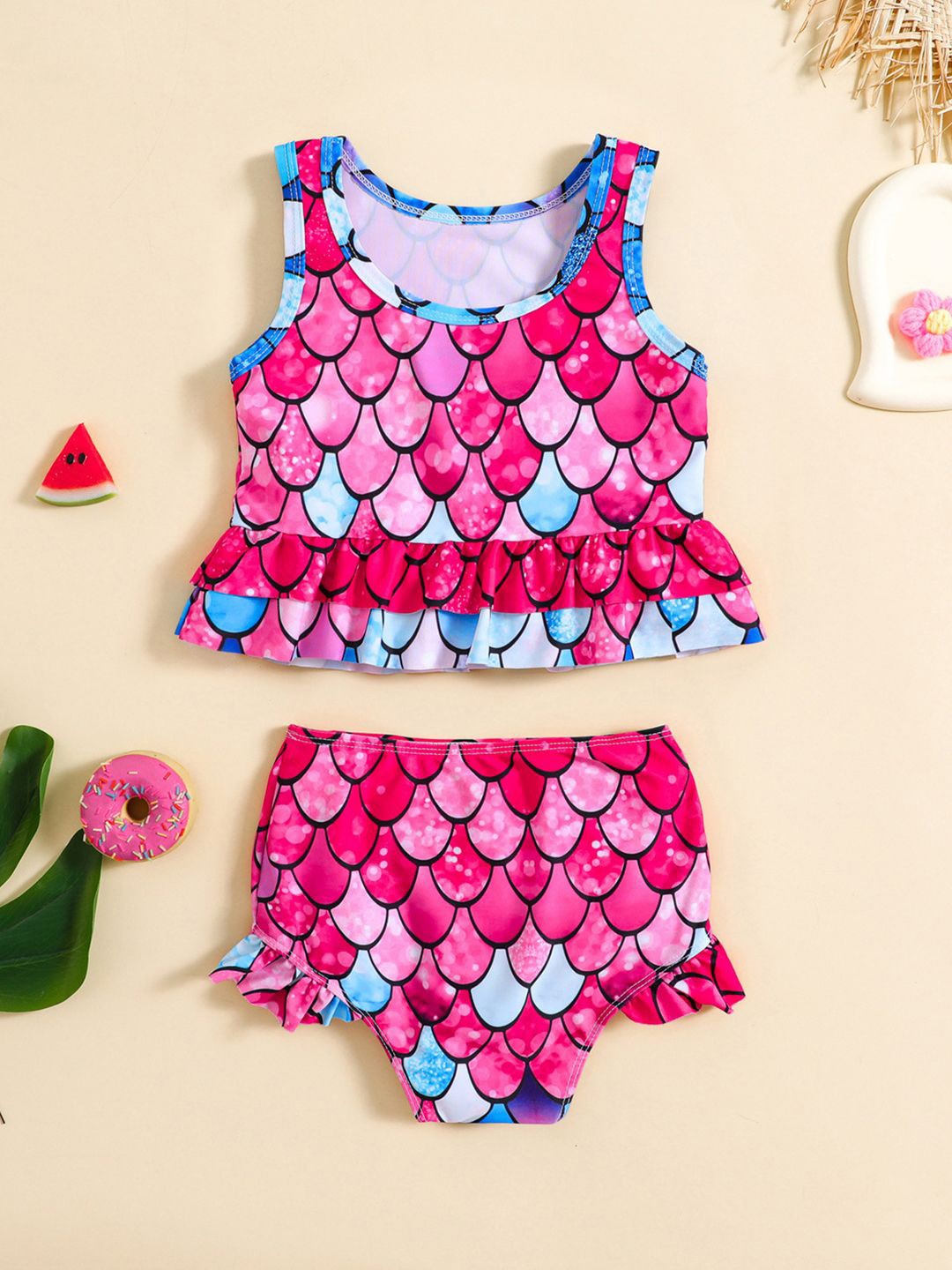 

YK Girls Printed Top & Shorts Swim Set, Red