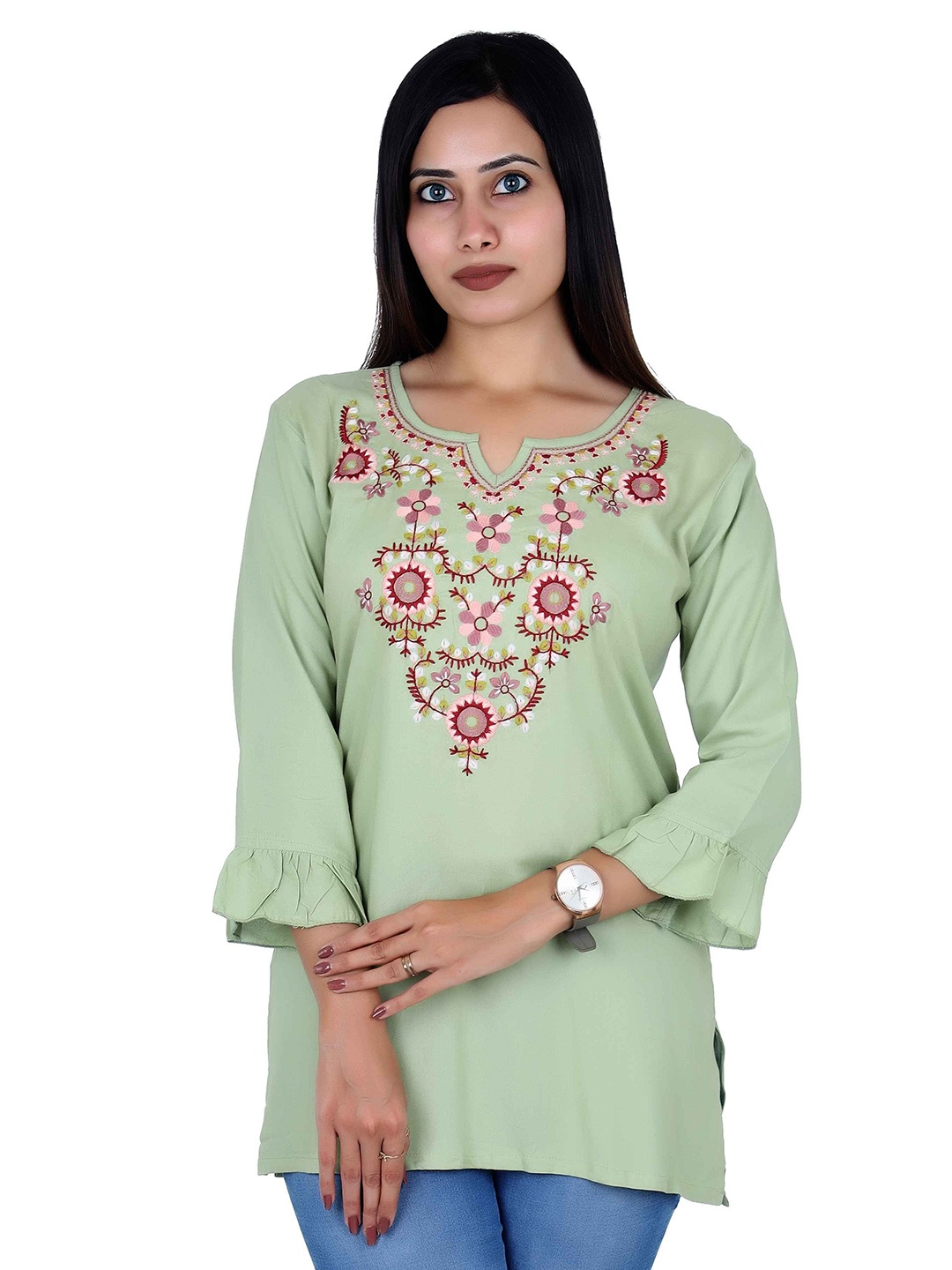 

Fabmoha Women Solid Floral Print Embroidered Tunic, Green