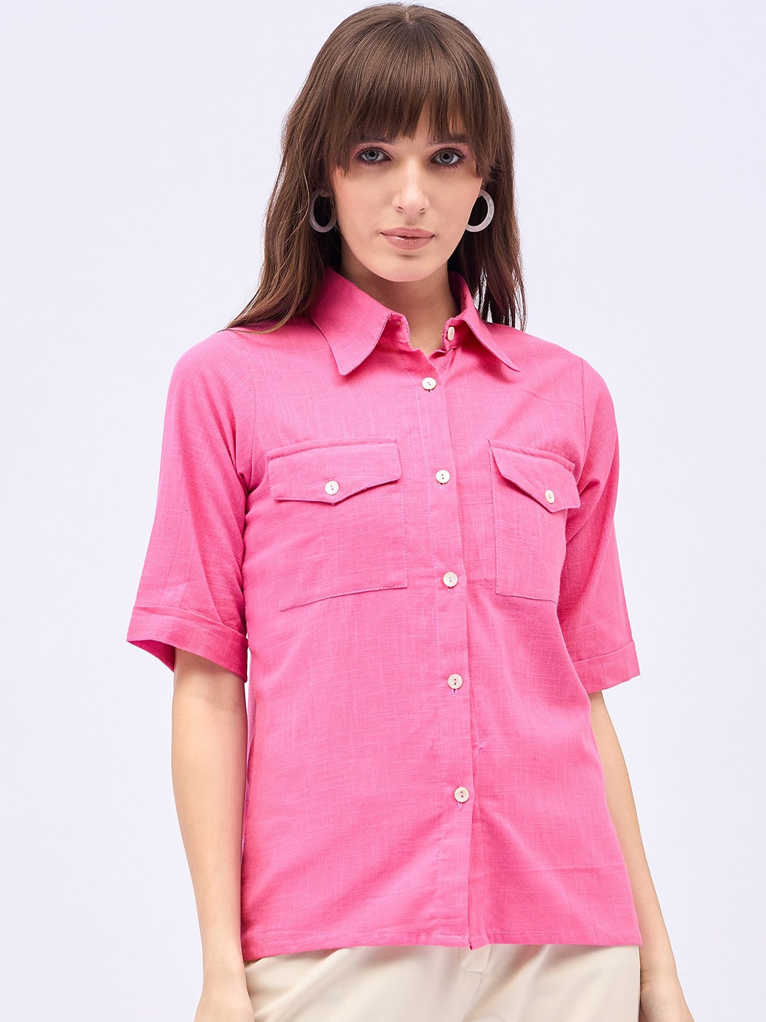 

DressBerry Women Classic Fit Spread Collar Solid Cotton Casual Shirt, Pink