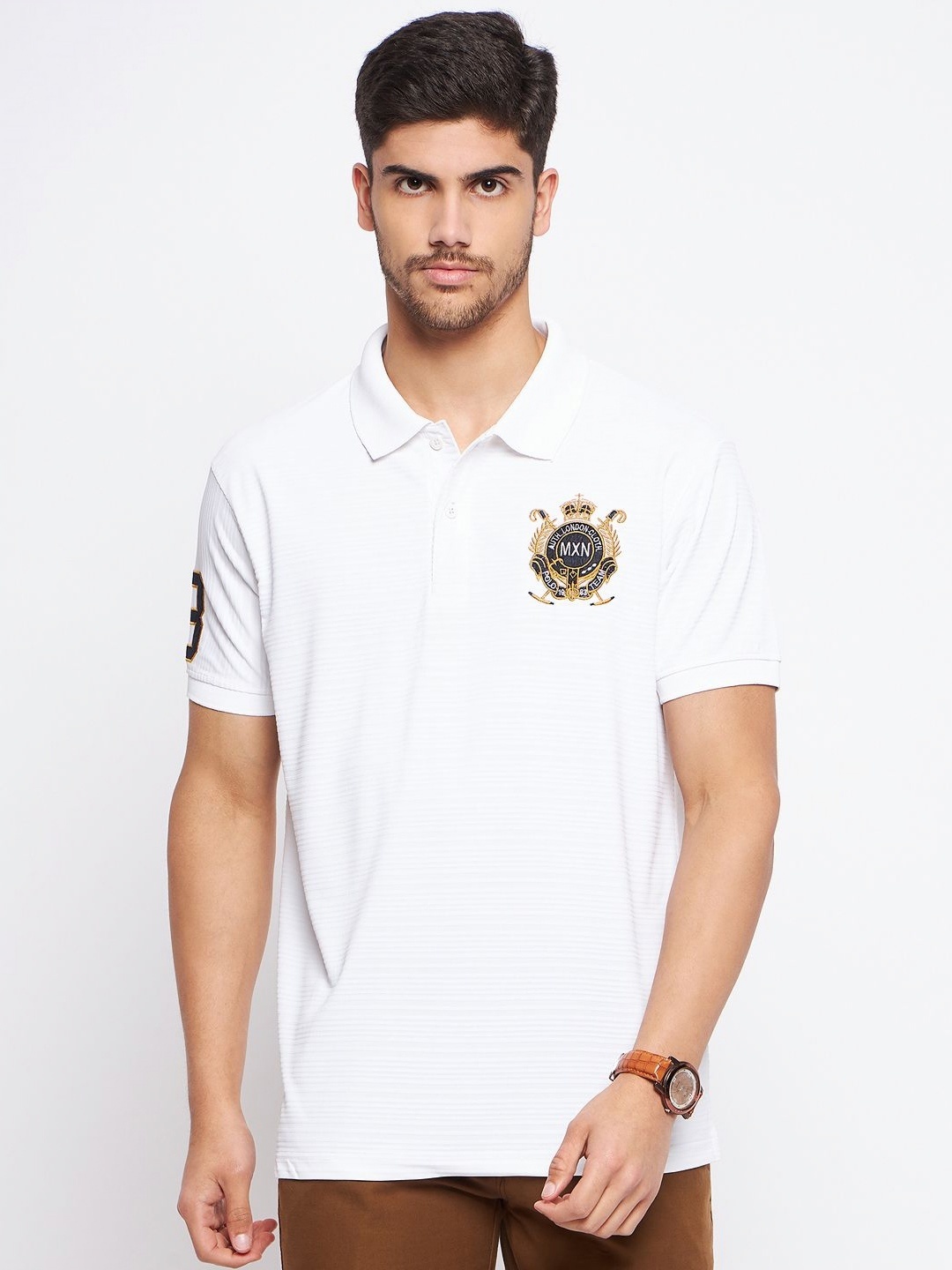 

NYKER Men Striped Polo Collar Cotton T-shirt, White