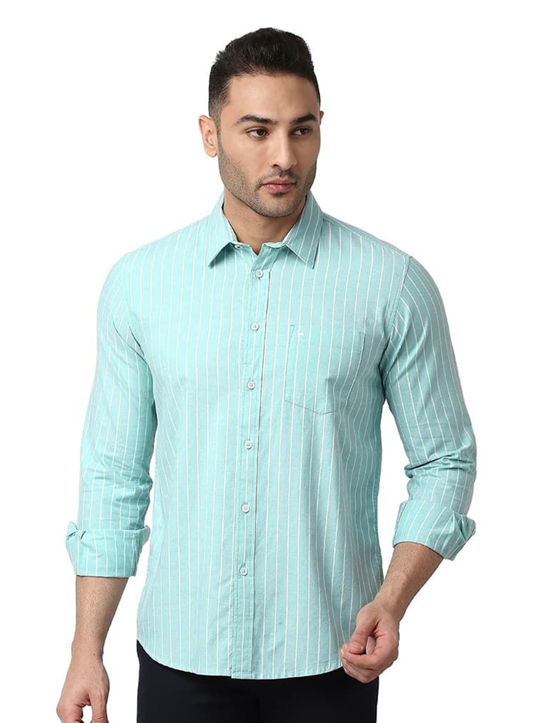 

Basics Men Relaxed Fit Spread Collar Vertical Striped Cotton Casual Shirt, Green