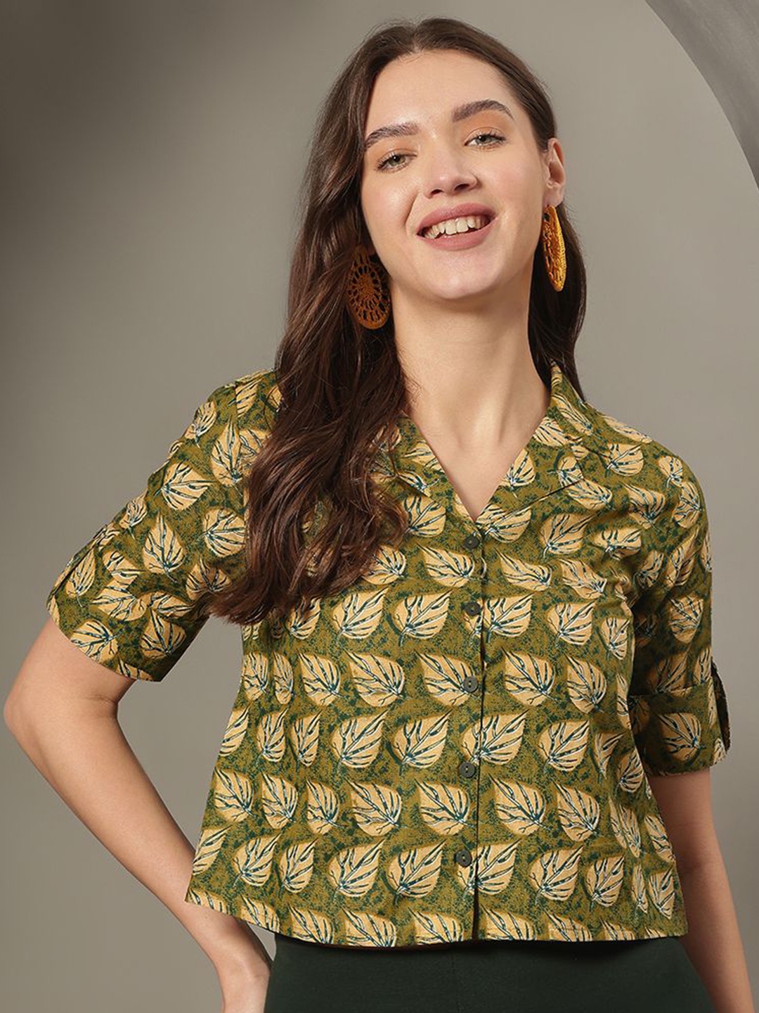 

JANAKDULARI CREATION Women Tropical Printed Lapel Collar Cotton Top, Green