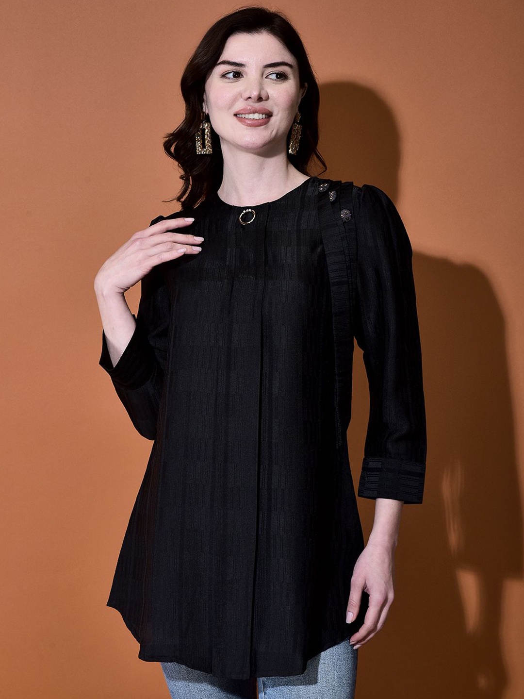 

FUTURO Women Self Design Round Neck Satin Top, Black