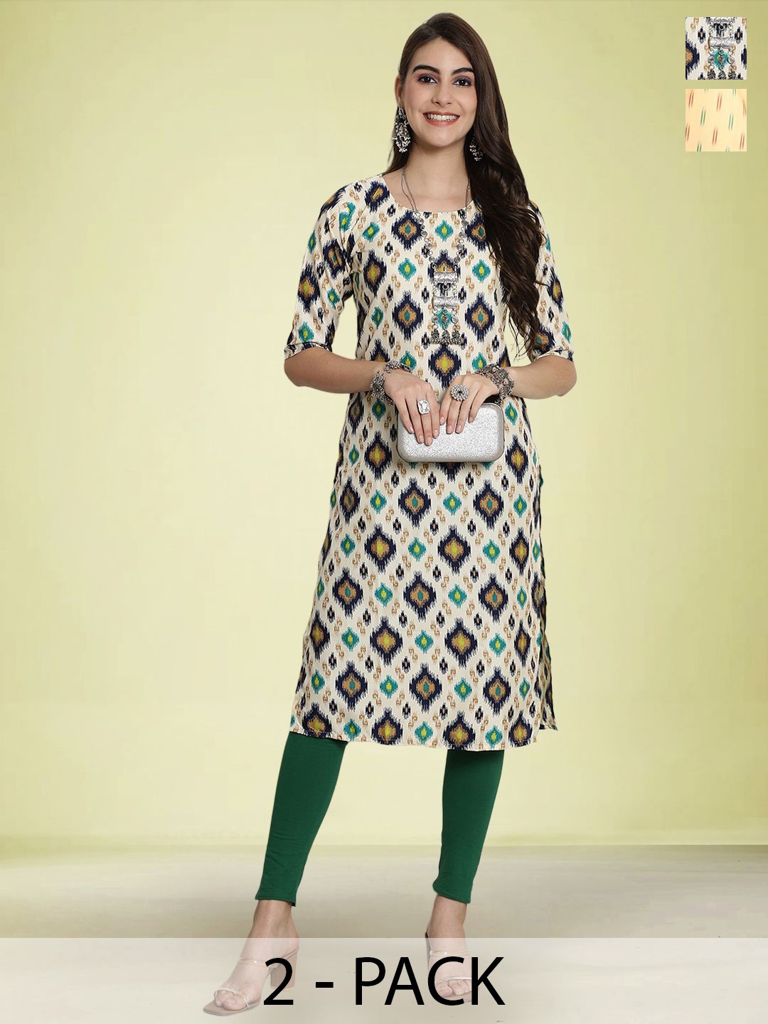 

Moda Rapido Set of 2 Printed Round Neck Straight Kurtas, Cream