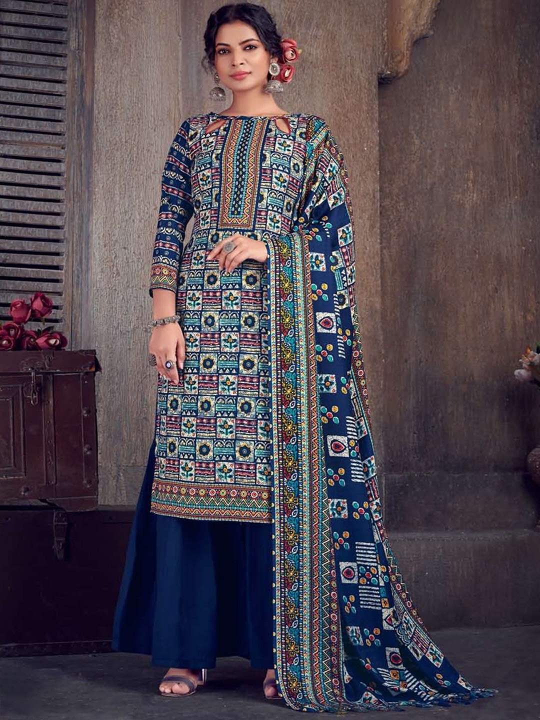 

REET MAHAL Geometric Printed Pashmina Unstitched Dress Material, Navy blue
