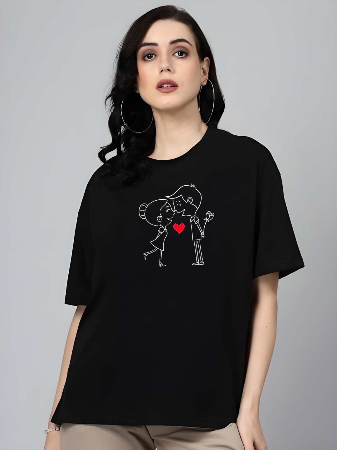 

TRENDSATTIRE Women Graphic Printed Round Neck Cotton Oversized T-shirt, Black