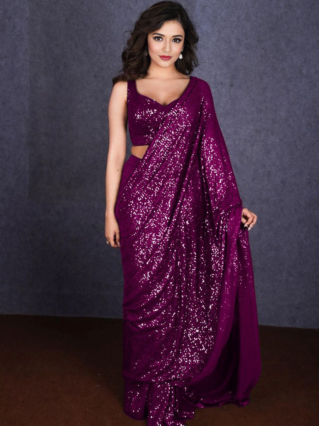 

ANJANI TEXTILE Embellished Sequinned Poly Georgette Heavy Work Saree, Purple