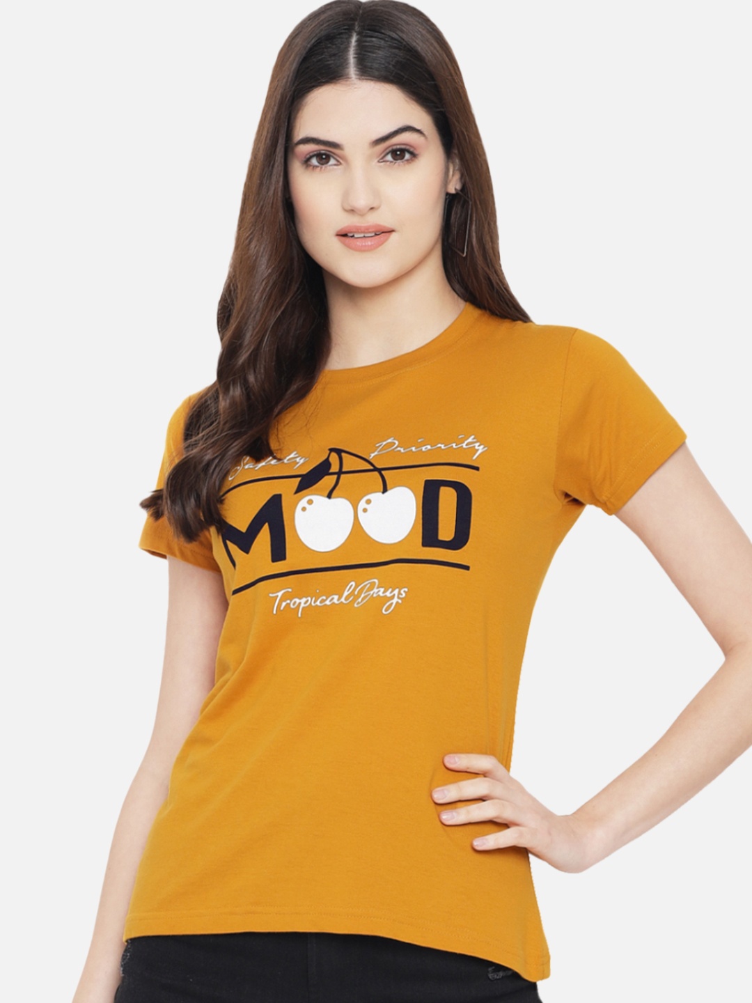 

Dreambe Women Pack Of 2 Graphic Printed Round Neck Cotton T-shirts, Mustard