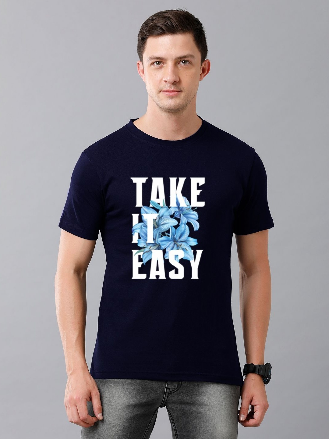 

Moda Rapido Men Typography Printed Round Neck Cotton T-shirt, Navy blue