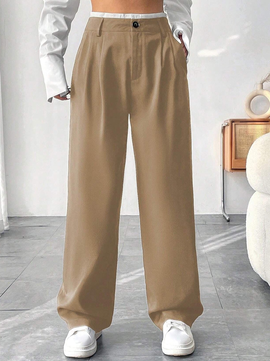 

FNOCKS Women Classic High-Rise Pleated Wide Leg Trouser, Beige