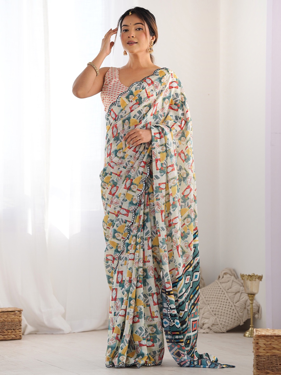 

Moda Rapido Floral Printed Mirror Work Saree, White