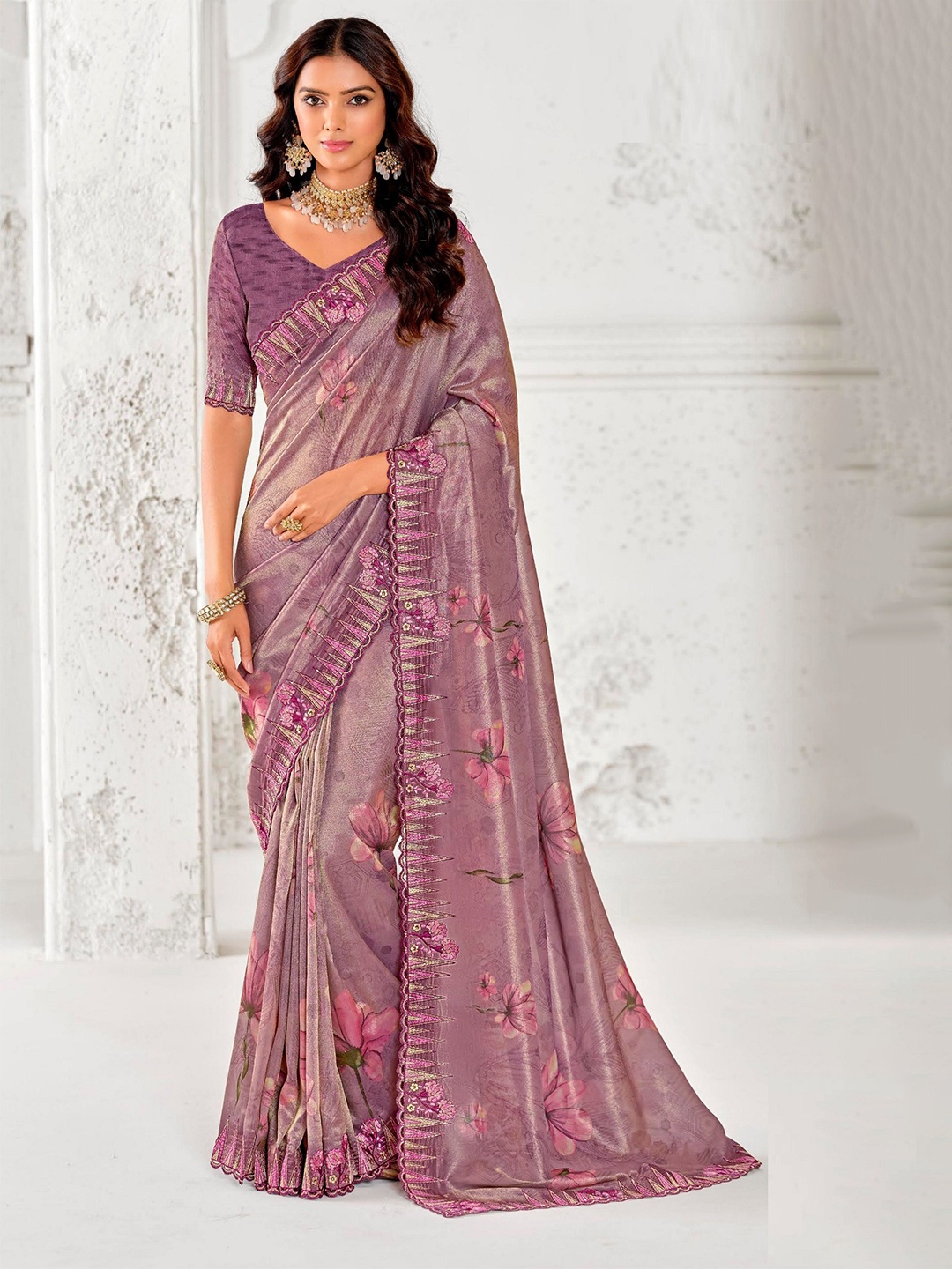 

MAHALASA Floral Embroidered Art Silk Saree, Purple