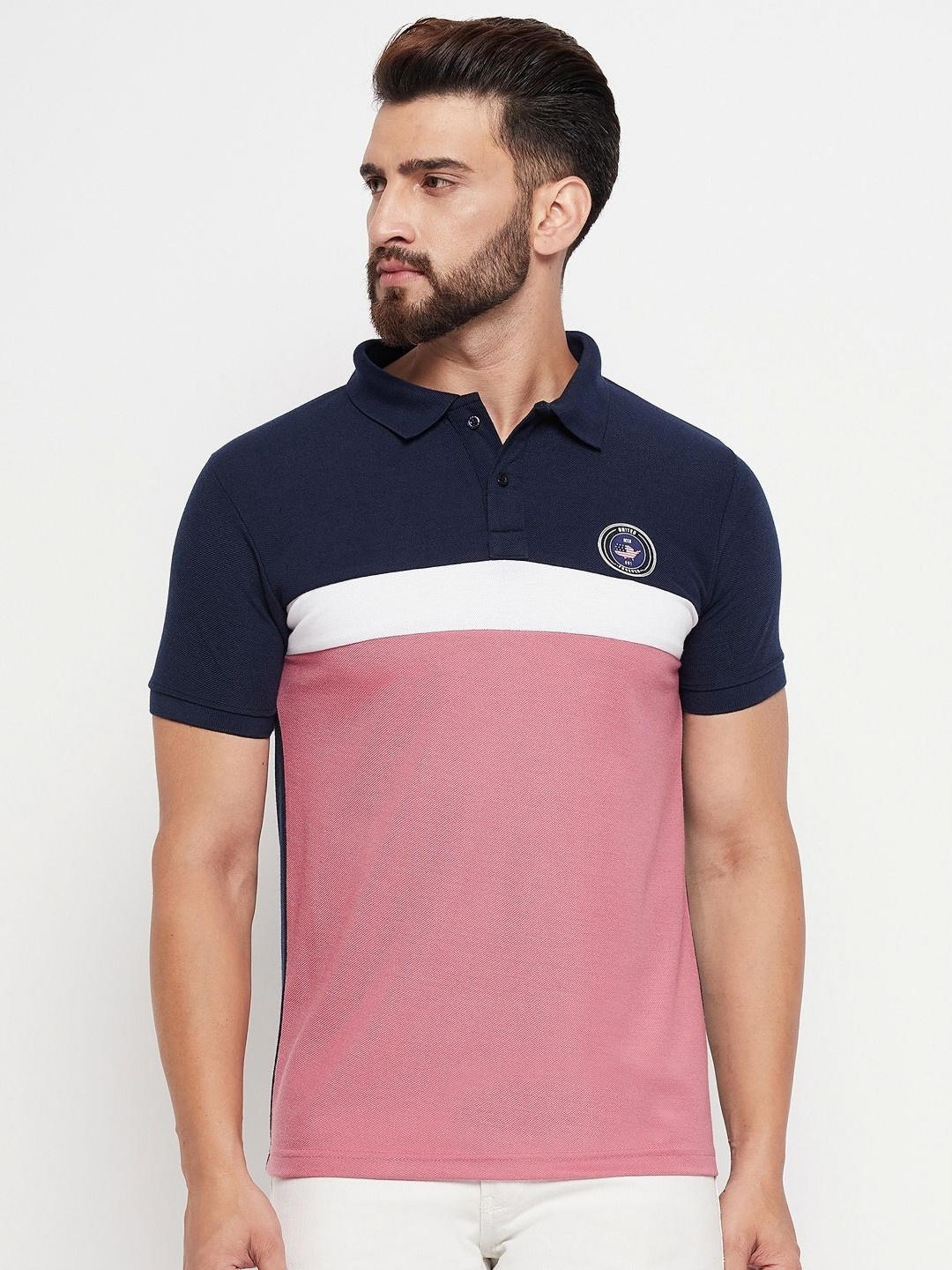

NYKER Men Colourblocked Polo Collar Cotton T-shirt, Peach