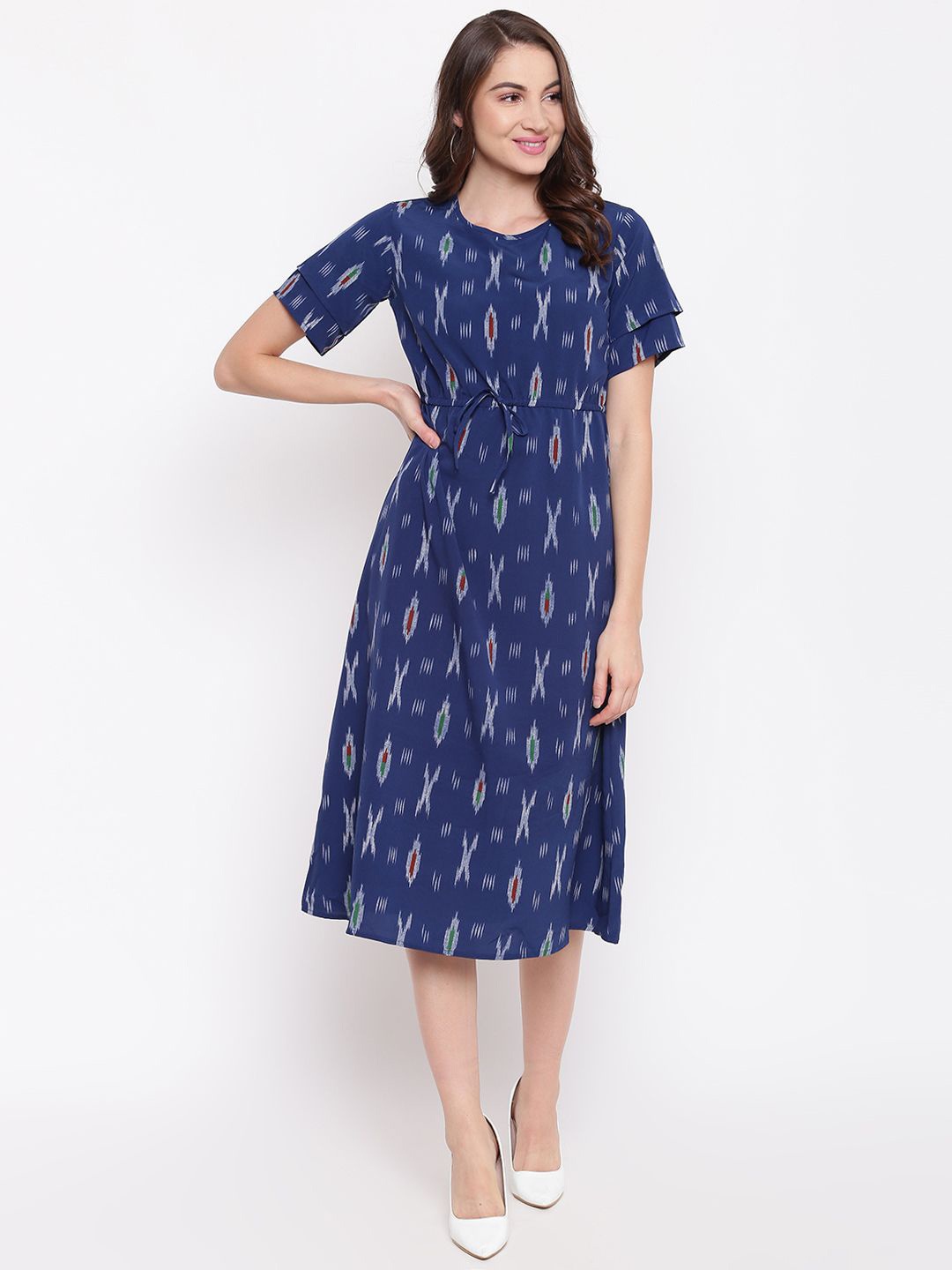 

DressBerry Ethnic Motifs Print Crepe A-Line Midi Dress, Blue
