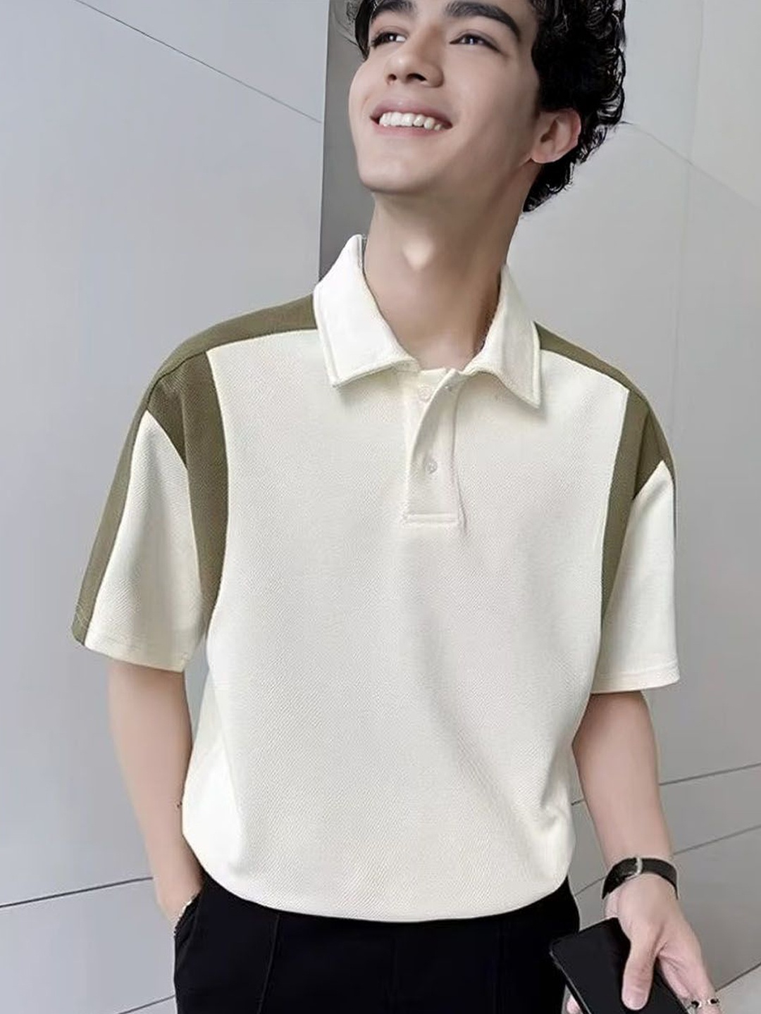 

StyleCast Men Colourblocked Polo Collar Relaxed Fit Casual T-shirt, Cream