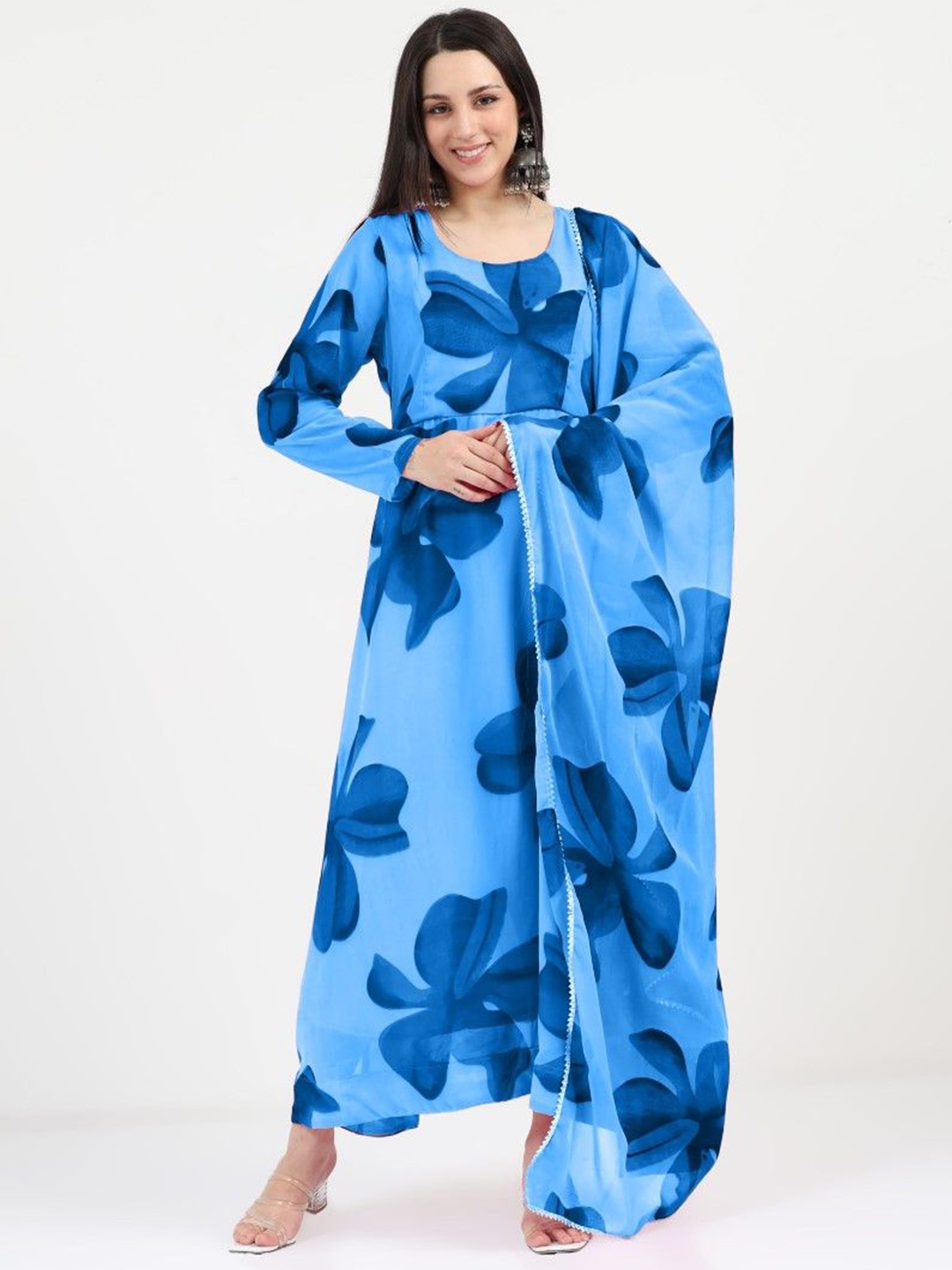 

Femvy Women Floral Printed Fit and Flare Ethnic Dresses With Dupatta, Blue