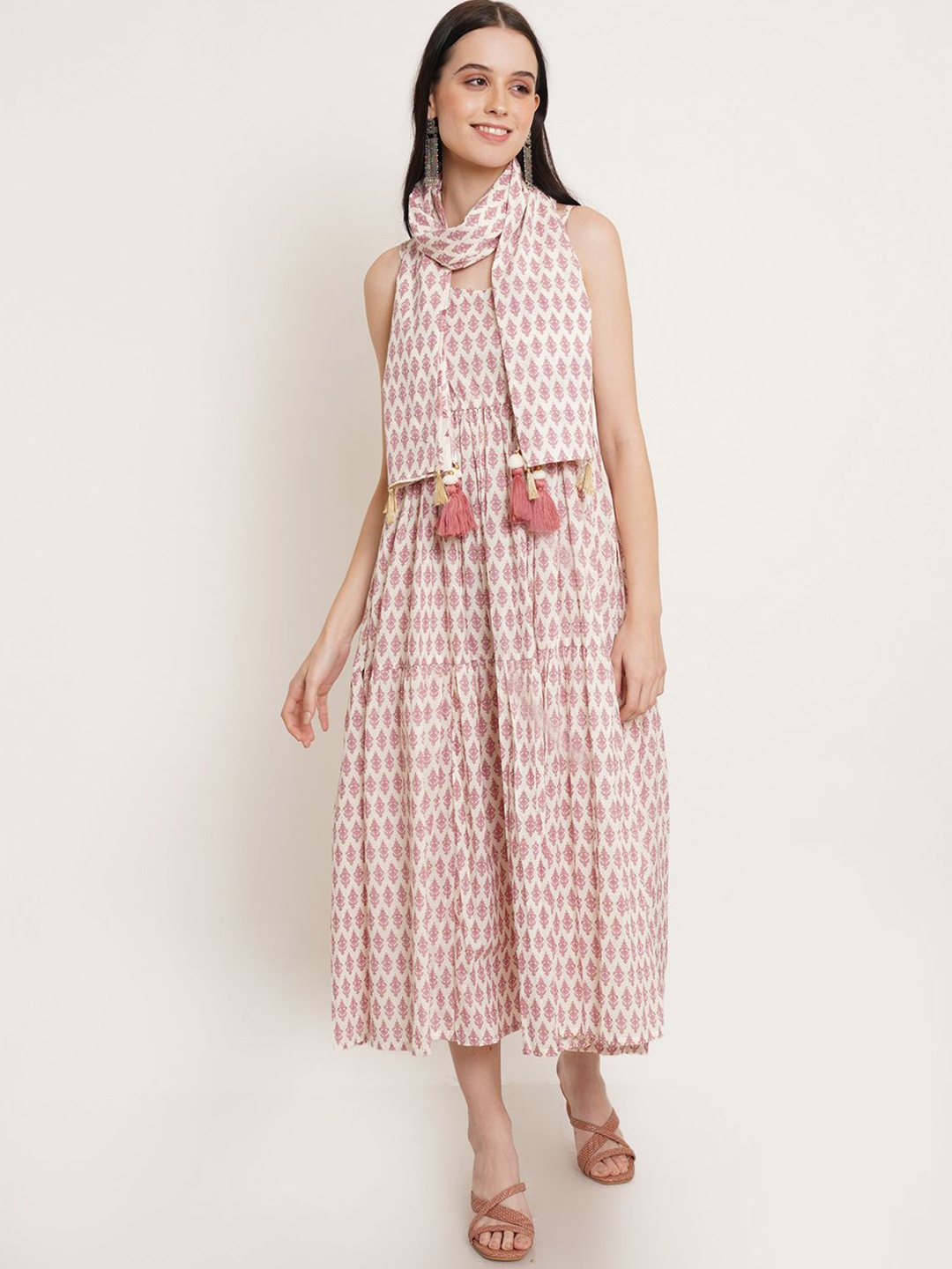 

JAPER KURTI Ethnic Motifs Printed Cotton Fit and Flare Midi Dress With Scarf, Off white