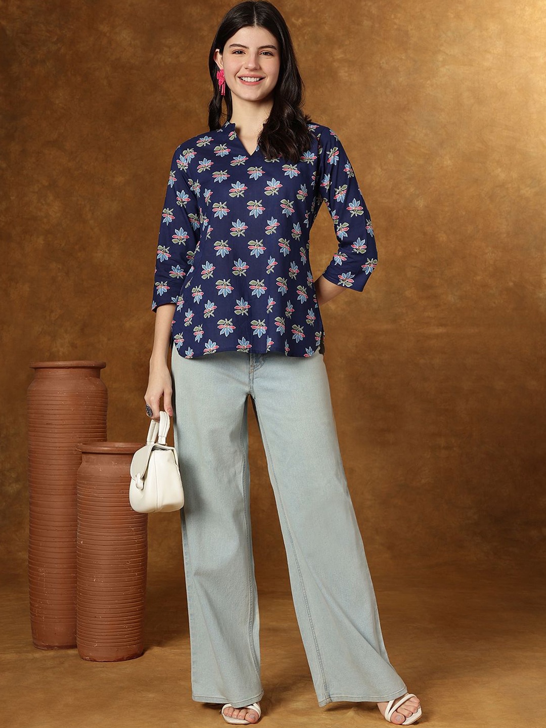 

JANAKDULARI CREATION Floral Printed Cotton Top, Navy blue